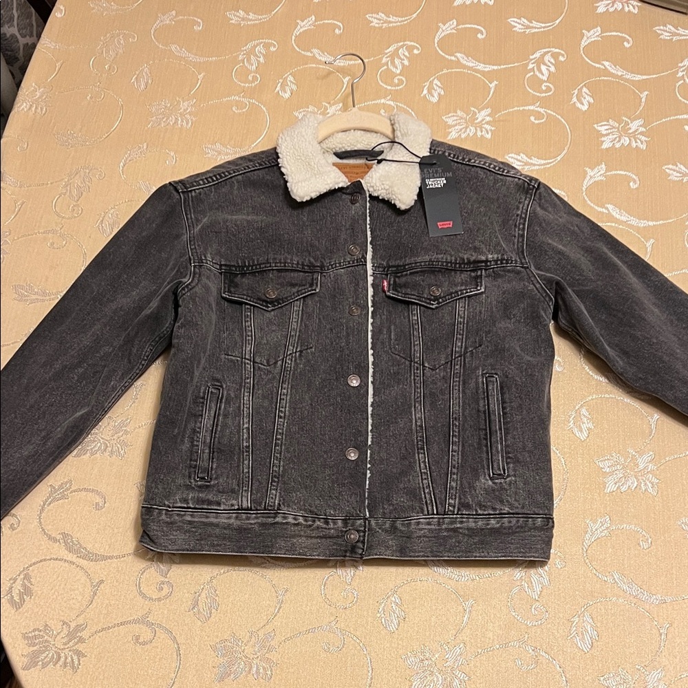 Levi's Charcoal Denim Jacket with White Sherpa Collar